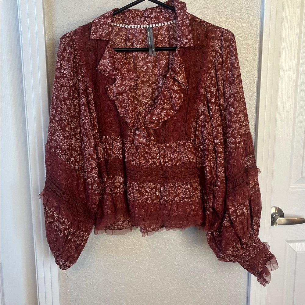 Anthropologie Ruffled V-Neck Popover Blouse Floral Size S
